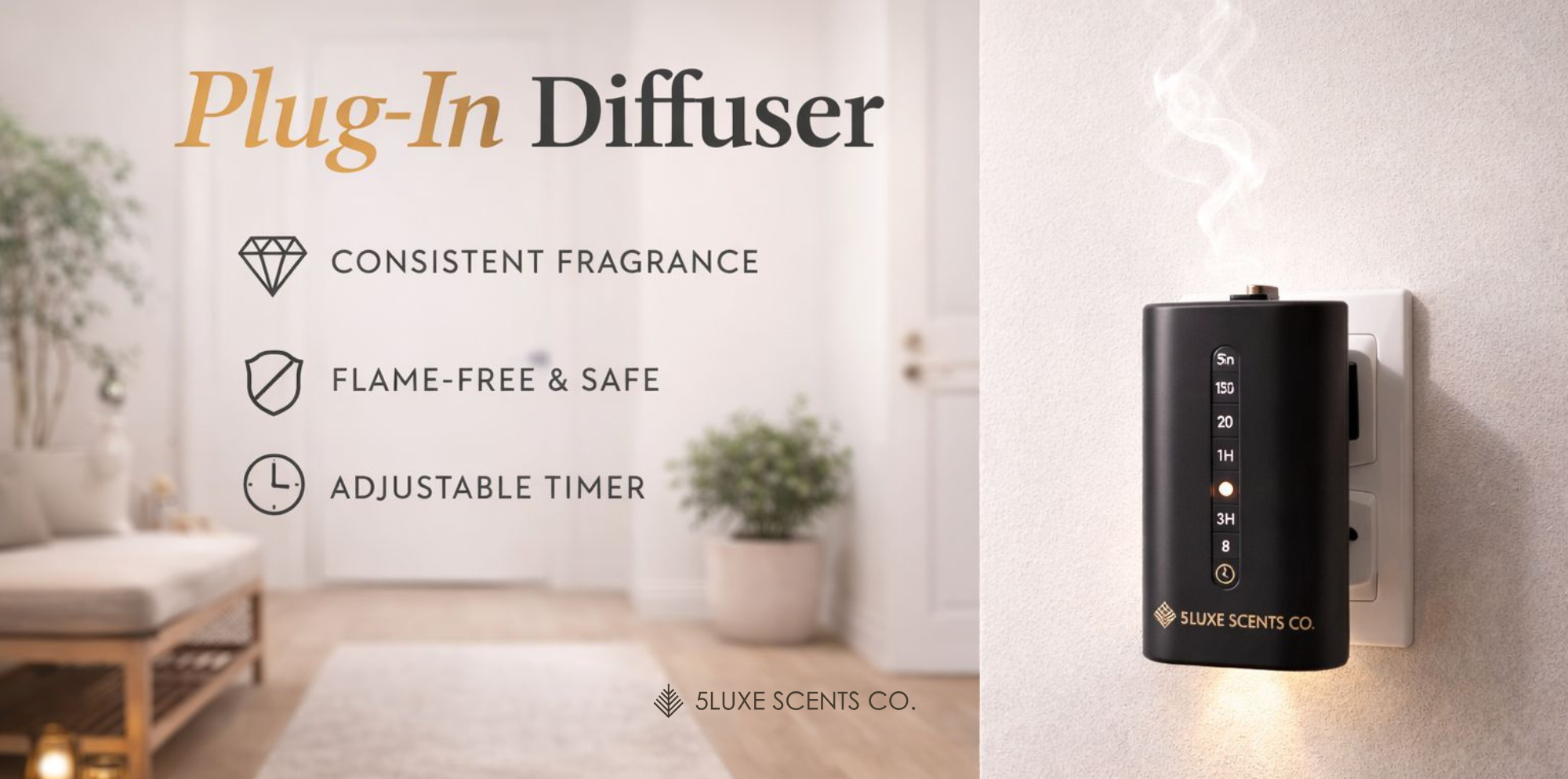 Plug-In Diffuser with features listed on a wall in a room setting