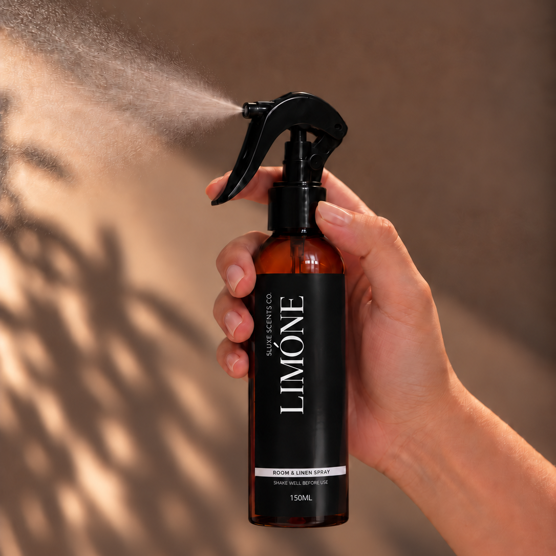 A hand holding a Limone room spray bottle that is spraying a fine mist, set against a warm brown background with leaf shadows.