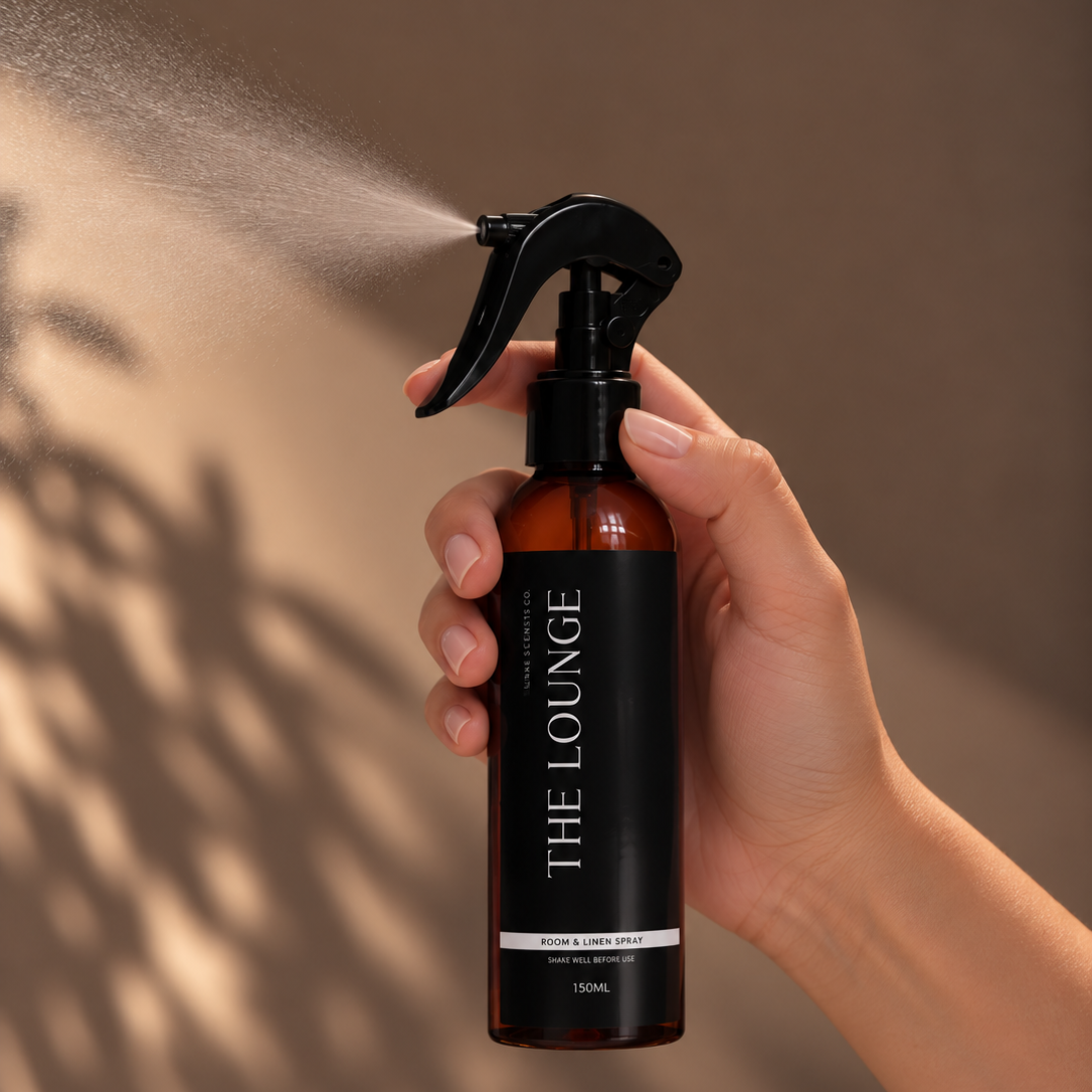 A hand holding a brown spray bottle labeled 'THE LOUNGE' with a black trigger sprayer, spraying a fine mist against a warm brown background with soft leaf shadows.