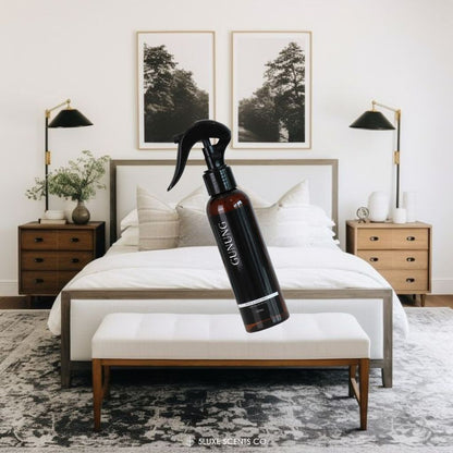 Bedroom with a bed, nightstands, and a cleaning spray bottle overlay.