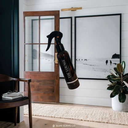 Spray bottle with a brand logo in a room with wooden door and framed pictures.
