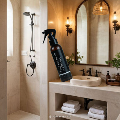 Bathroom with a sink, mirror, and a bottle ofognissimo product.