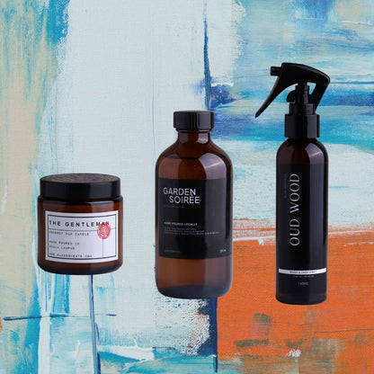 Three products on a colorful abstract background