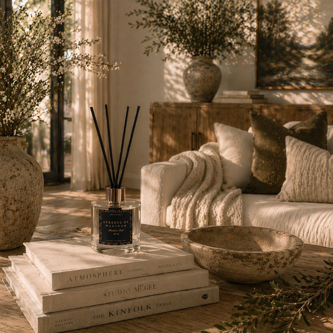 Living room with a couch, books, and decorative items on a coffee table.